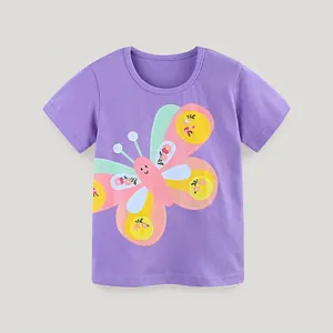 T-Shirt à Manches Courtes en Coton pour Filles Violet Imprimé Papillon Haut d'Été Décontracté pour Enfants Col Rond