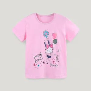 T-Shirt d'Été en Coton pour Filles Haut Rose à Manches Courtes Imprimé Lapin de Dessin Animé Style Européen Col Rond Casual