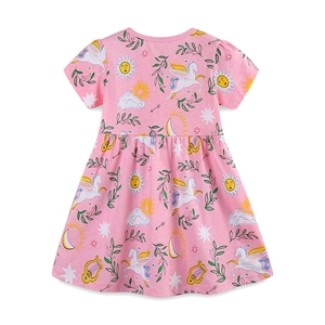 Pink short sleeve girls summer dress with magical unicorn and sun pattern print
