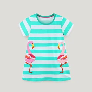 Robe de Princesse à Manches Courtes en Coton Rayé Flamant Rose pour Filles Robe Décontractée d'Été Vert Menthe Rayé avec Patchwork Brodé