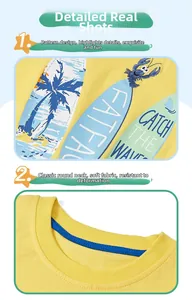 Détails du t-shirt jaune en coton pour enfant avec imprimé homard et col rond renforcé