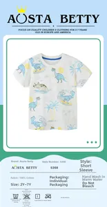 Détail du t-shirt garçon en 100% coton avec motif dinosaure bleu et tableau des tailles