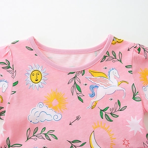 Pink short sleeve cotton girls dress with cartoon Pegasus and unicorn prints