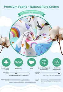 Close-up of soft pure cotton fabric with rainbow unicorn print and material features