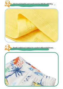 Détail de l'ourlet jaune à couture plate et taille élastique à motif d'été tropical