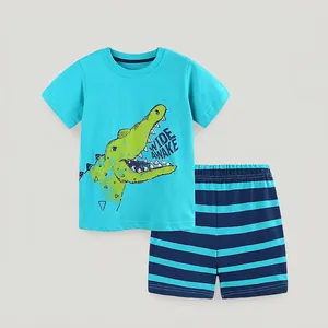 Jungen Sommer Baumwolle Cartoon Krokodil Bedrucktes T-Shirt Und Gestreifte Shorts Lässiges Kurzarm Kleinkind Outfit