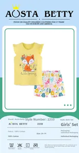 Vue détaillée ensemble été fille coton avec t-shirt renard jaune et short fleuri