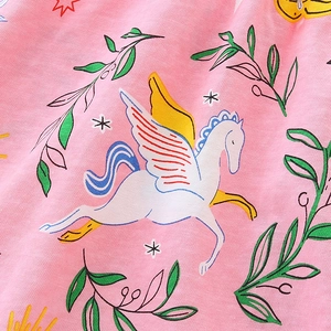 Pink girl dress with Pegasus cartoon print and soft cotton fabric texture shown closely