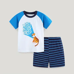 Boys Summer 2-Piece Clothing Set Cotton Raglan Sleeve Cartoon Tiger Print T-Shirt And Striped Shorts Kids Casual Outfit