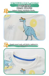 Détail d'un t-shirt blanc en coton pour garçon avec dinosaure bleu et col rond classique