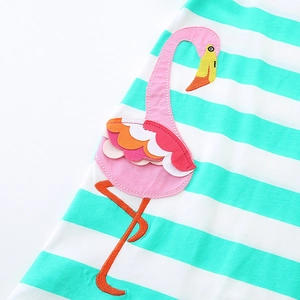 Robe rayée vert menthe pour fille avec broderie appliquée flamant rose en 3D