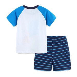 Boys summer cotton T-shirt and striped shorts set with cartoon print and raglan sleeves