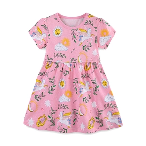 Pink short sleeve girls princess dress with cartoon unicorn and pegasus summer prints