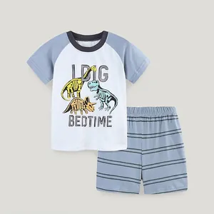 Ensemble de Vêtements d'Été pour Garçons en Coton Imprimé Squelette de Dinosaure T-Shirt à Manches Raglan et Short Rayé