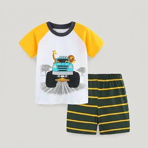 Ensemble d'Été à Manches Courtes pour Garçons en Coton T-Shirt Cartoon Monster Truck Et Short à Rayures Décontracté