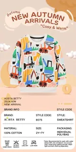 Detail view of cotton kids sweatshirt featuring colorful construction vehicle print and size chart