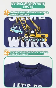 Détail d'un t-shirt bleu marine pour garçon avec imprimé excavatrice et WORK