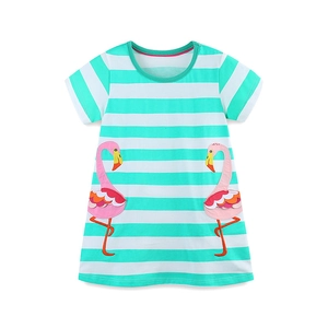 Robe rayée à manches courtes pour fille avec broderie flamant rose style de princesse