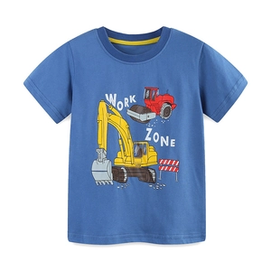 T-shirt blu in cotone da bambino con motivo escavatore e stampa Work Zone per l'estate