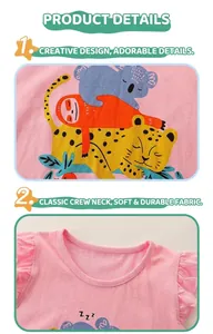 Dettaglio di maglietta in cotone rosa con stampe di animali e maniche a volant