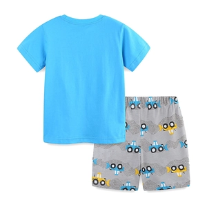 Boys summer cotton set with blue t-shirt and cartoon construction vehicle shorts