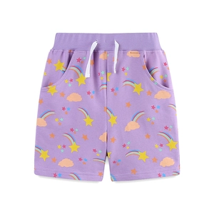 Kids purple knit shorts with rainbow star prints and elastic drawstring waistband