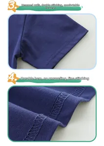 Détails des coutures doubles aux manches et de l'ourlet durable sur le t-shirt bleu marine