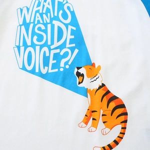 Kids short sleeve raglan t-shirt with orange tiger print and What's An Inside Voice text