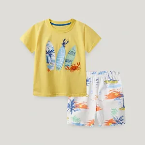 Ensemble d'Été 2 Pièces en Coton pour Garçons T-Shirt Jaune à Manches Courtes Imprimé Planche de Surf et Short de Plage Tropical