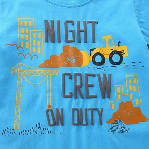 Boys sky blue knit cotton short sleeve set with cartoon construction truck graphic