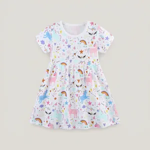 Girls Casual Cotton Dress With Colorful Unicorn And Rainbow Prints Short Sleeve Round Neck Princess Dress For Summer Party