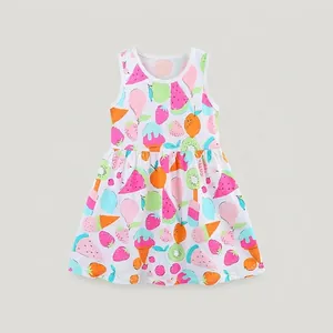 Robe d'Été sans Manches en Coton pour Filles Mignonne Robe de Princesse Imprimé Fruits Col Rond Décontracté pour Tout-Petits