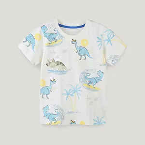 T-Shirt en Coton à Manches Courtes Été Garçon Mignon Dinosaure de Dessin Animé Surf Imprimé Décontracté Col Rond Pull Haut Enfants