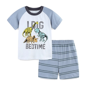 Pyjama court en coton pour garçon avec motif dinosaure et short à rayures grises