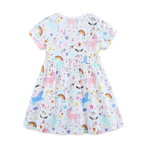 Short sleeve girls white princess dress featuring colorful unicorn and rainbow prints