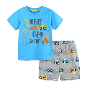 Boys summer cotton set with blue night crew graphic tee and grey printed shorts