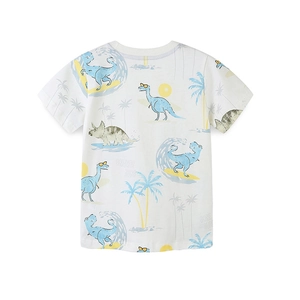 T-shirt blanc en coton pour garçon avec imprimé dinosaure surfant pour l'été