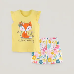 Vêtements d'été en Coton pour Filles Haut et Short Fleuri Imprimé Renard Mignon Tenue Décontractée Respirante pour Enfants