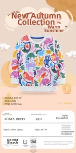 Detail of white cotton girls sweatshirt with colorful animal print and ribbed neckline