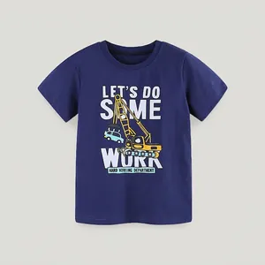 T-Shirt à Manches Courtes en Coton pour Garçons Dessin Animé Excavatrice Imprimé Enfant Décontracté Col Rond Bleu Marine