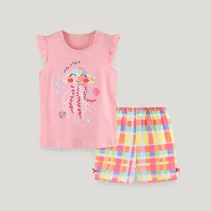 Pink toddler summer set with jellyfish embroidery T-shirt and plaid shorts outfit