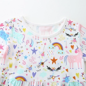 White short sleeve girls' dress with colorful unicorn rainbow and star print patterns