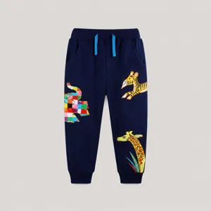 Close-up of navy kids sweatpants featuring cartoon giraffe zebra and elephant prints