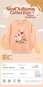 Detail of Christmas cartoon animal prints on 100% cotton light orange girl sweatshirt