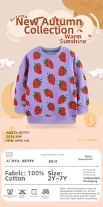 Detail of purple cotton girls sweatshirt featuring red strawberry print and crewneck design