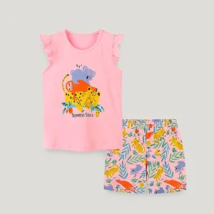Completo Estivo in Cotone per Bambine Top Rosa con Maniche a Volant e Pantaloncini con Stampe Animali dei Cartoni Animati