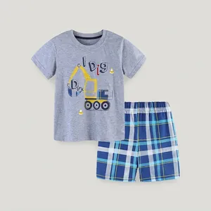 Boys Cotton Excavator Print T-Shirt And Plaid Shorts Summer Casual Outfit Short Sleeve Top Bottoms Western Kids Clothing