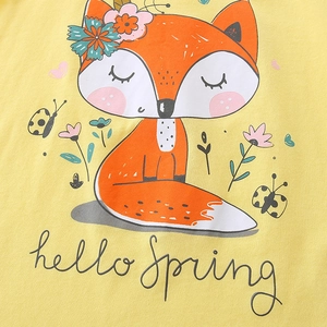 Ensemble fille en coton jaune avec imprimé renard dessin animé et texte hello Spring