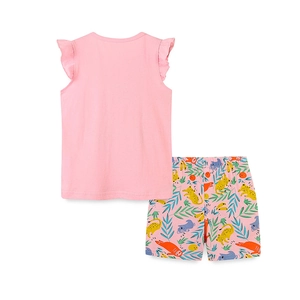 Set estivo per bambina con t-shirt rosa a volant e pantaloncini con stampa animalier a cartoni