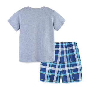 Kids cotton pajama set featuring short sleeve grey tee and blue plaid shorts for summer wear